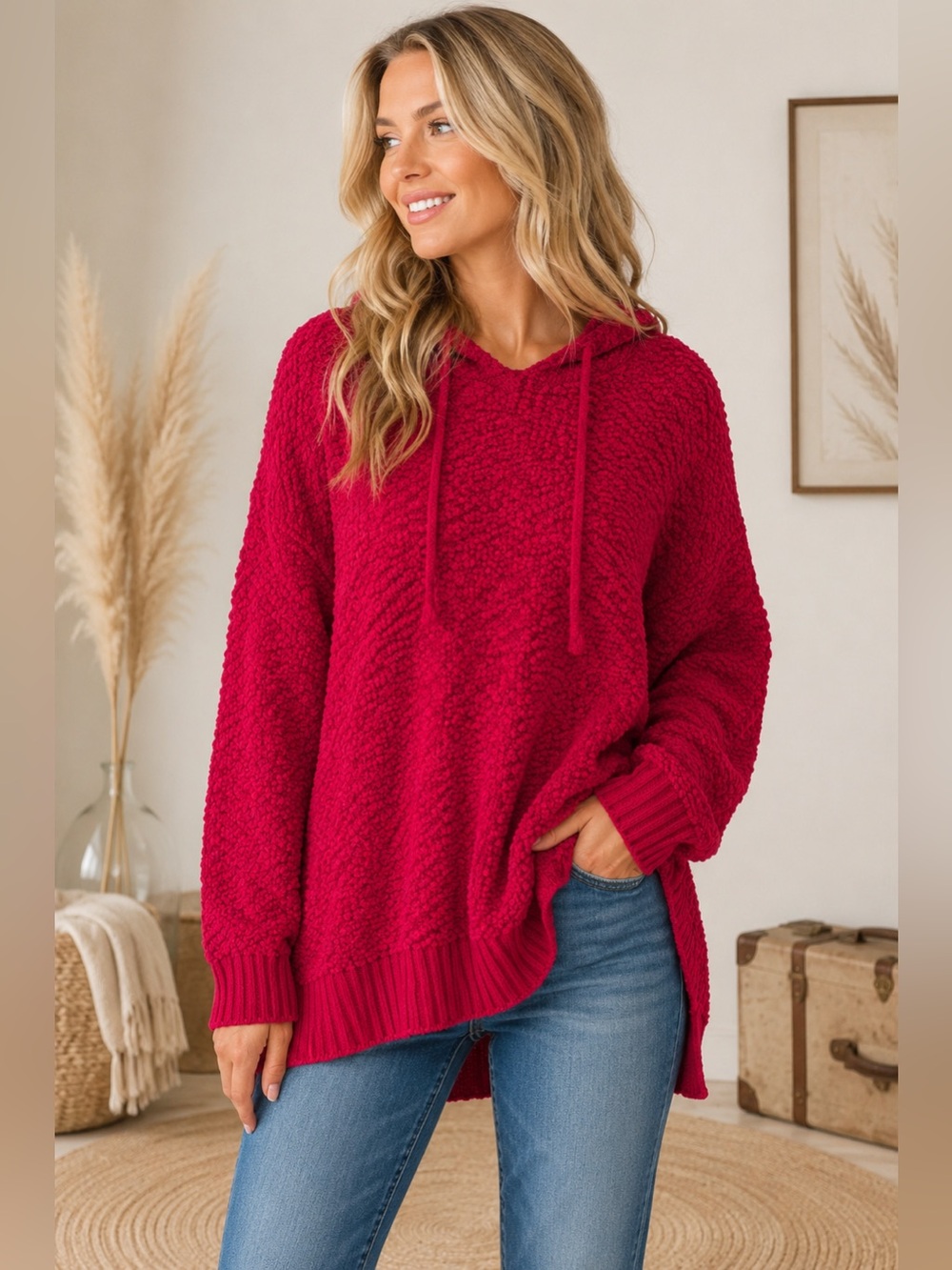 Anthropologie JODIFL Red Hooded Popcorn Knit Sweater